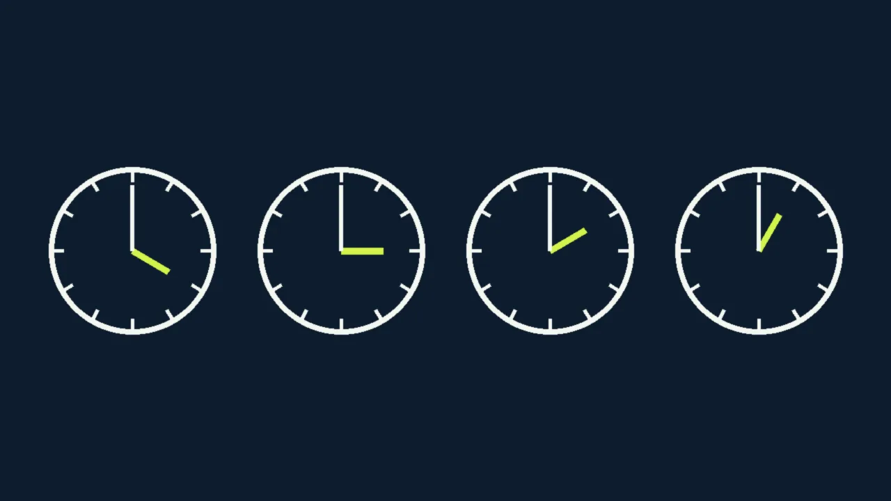 Abstract illustration of four white clock faces with lime hands