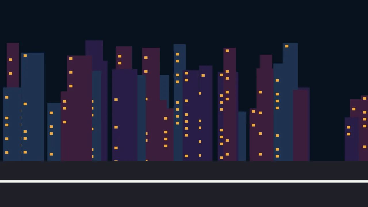 Abstract illustration of a city skyline at night with lit windows above a road