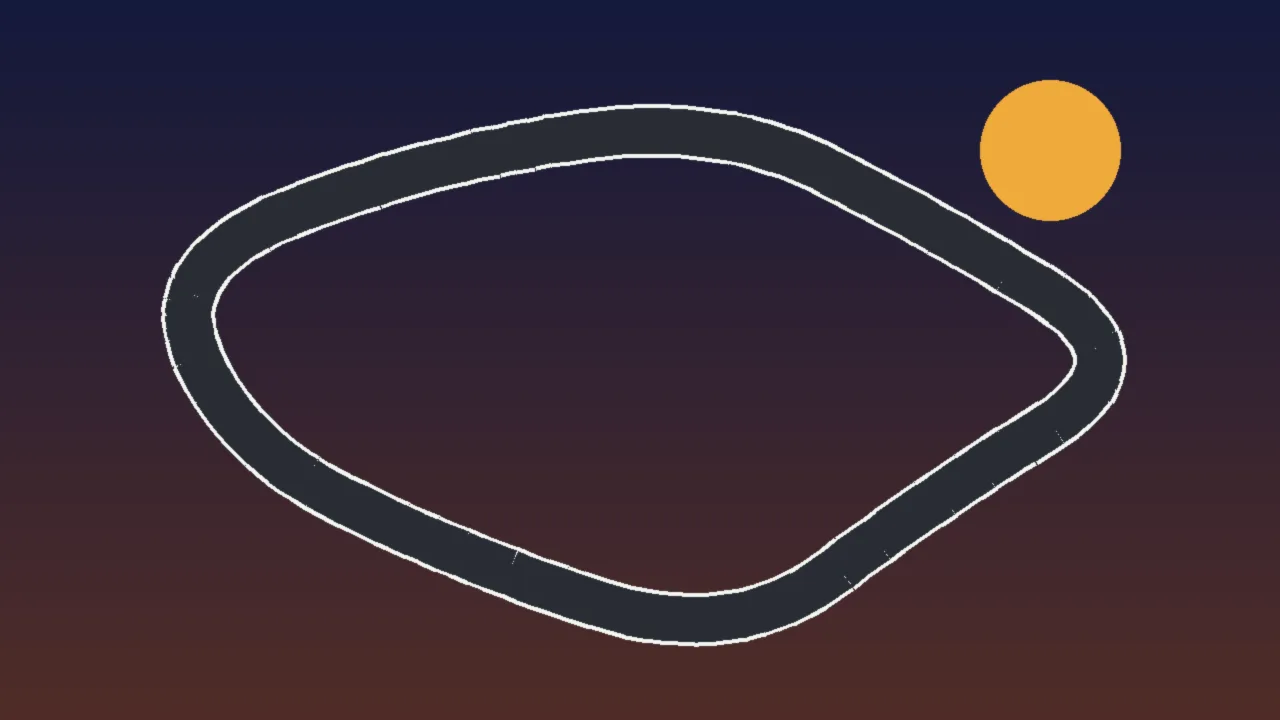 Abstract illustration of a gray circuit loop under a dusky sky with an orange sun