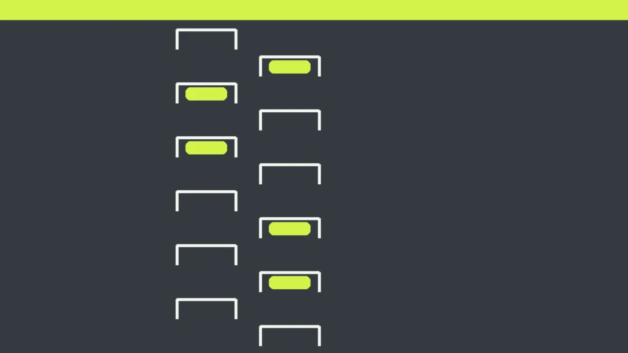 Abstract illustration of a starting grid with lime boxes in staggered slots