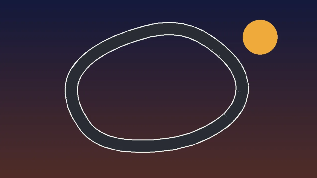 Abstract illustration of a gray race track loop under a dusky purple and orange sky with an orange sun
