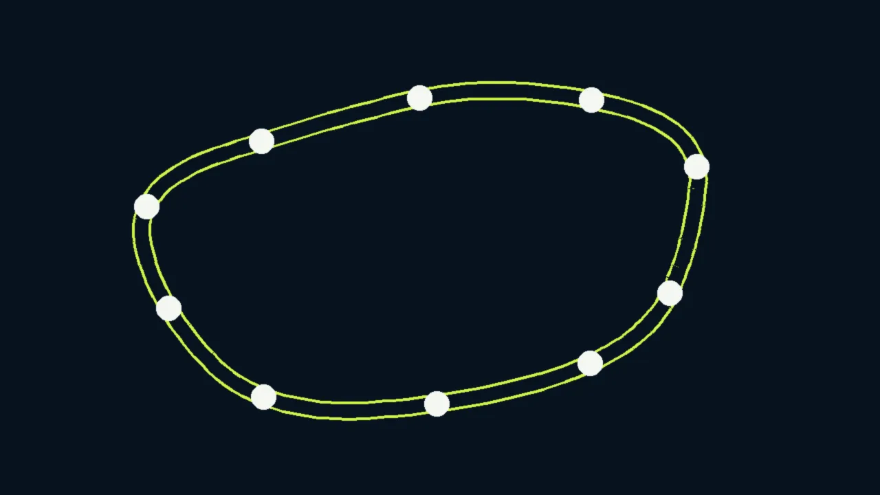 Abstract illustration of a lime circuit outline dotted with white markers on dark navy