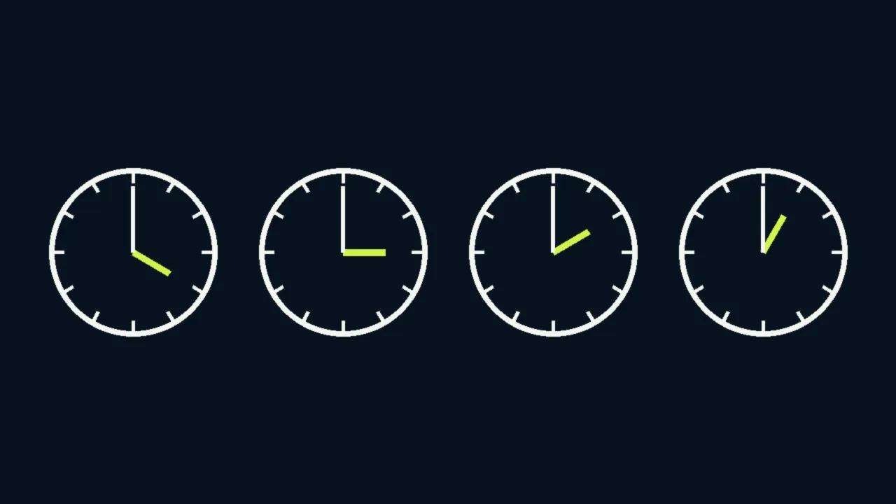 Abstract illustration of four white clock faces in a row with lime hour hands on a dark navy background