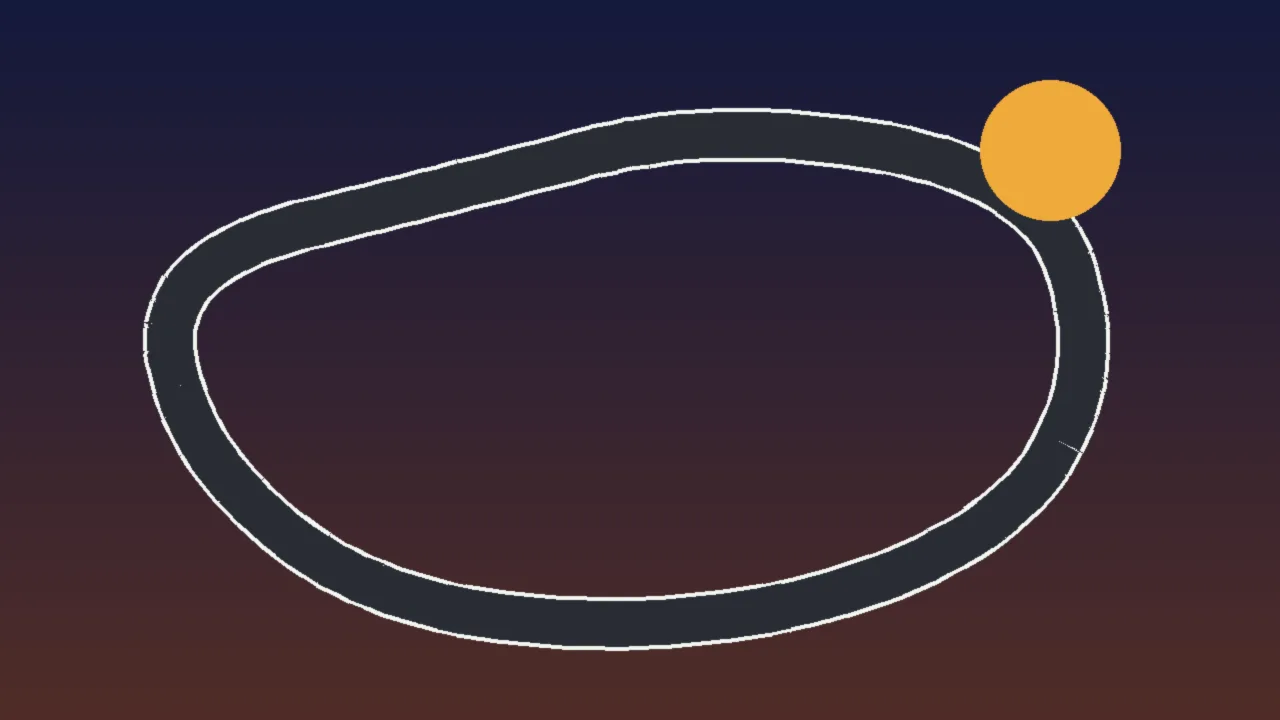 Abstract illustration of a gray looping track outline under a dusk sky with a low amber sun