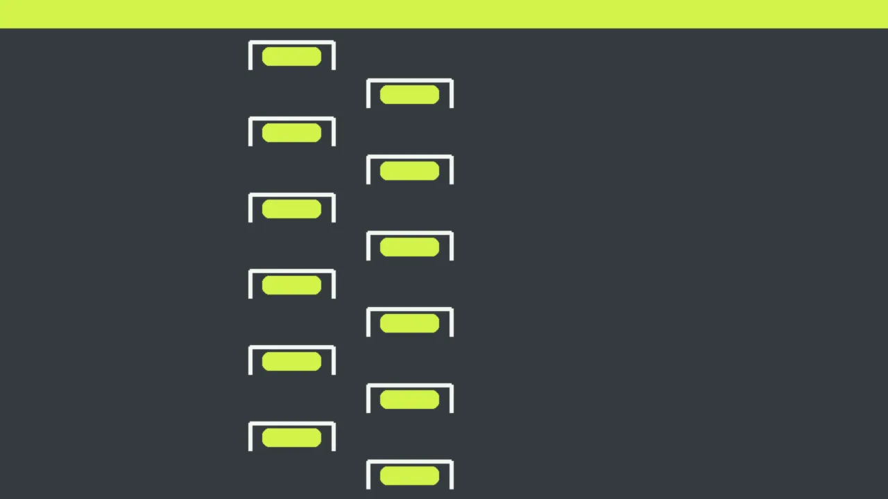 Abstract illustration of a starting grid of white boxes with lime car markers on gray asphalt