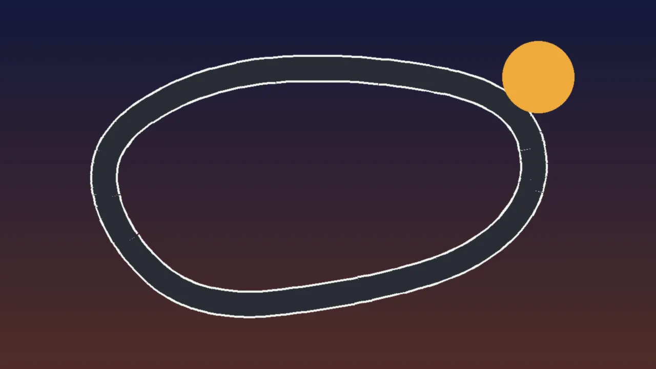 Abstract illustration of a dark track loop under a dusky sky with an amber sun