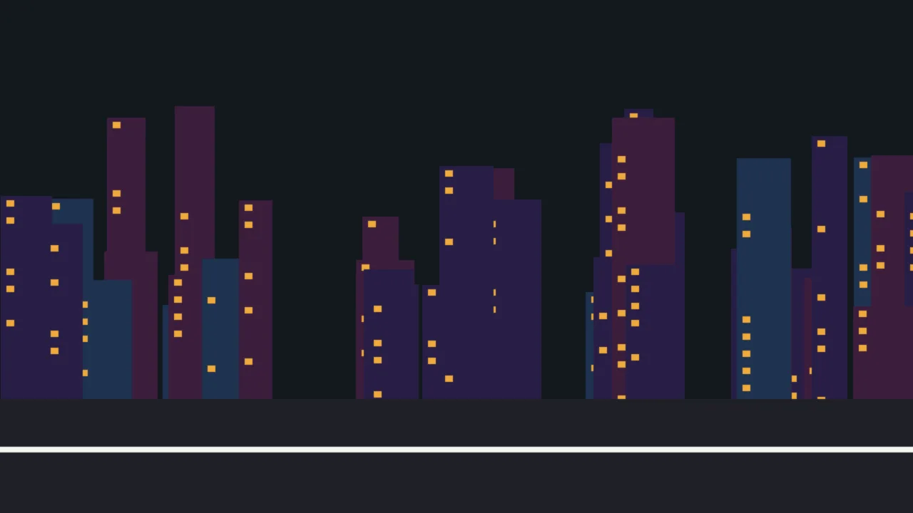 Abstract illustration of a city skyline at night with lit windows above a road