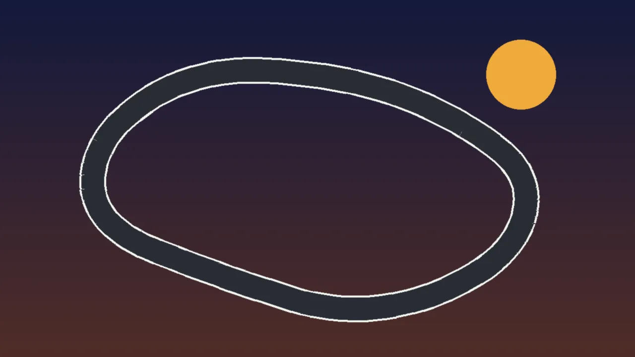 Abstract illustration of a dark track loop under a dusky sky with an amber sun