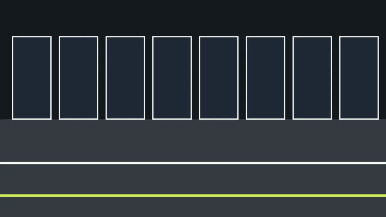 Abstract illustration of a row of pit garages with white and lime lane markings