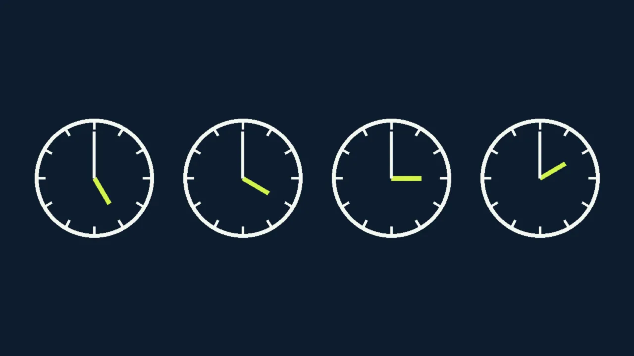 Abstract illustration of four clock faces with lime hands on a navy background
