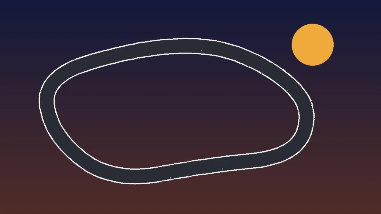 Abstract illustration of a track outline under a dusk sky with a low amber sun
