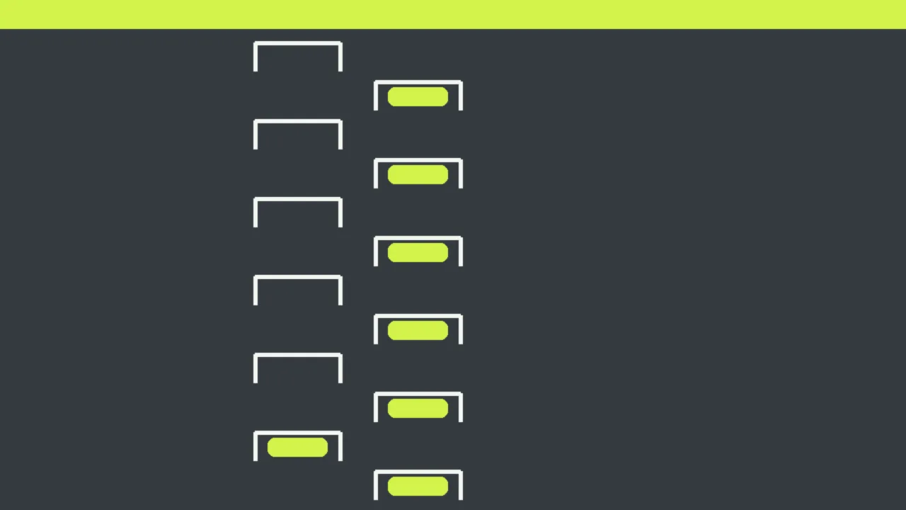 Abstract illustration of a starting grid of white boxes with lime car markers on gray asphalt