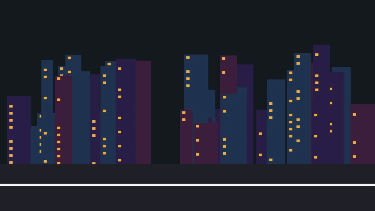 Abstract illustration of a city skyline at night with lit windows above a road