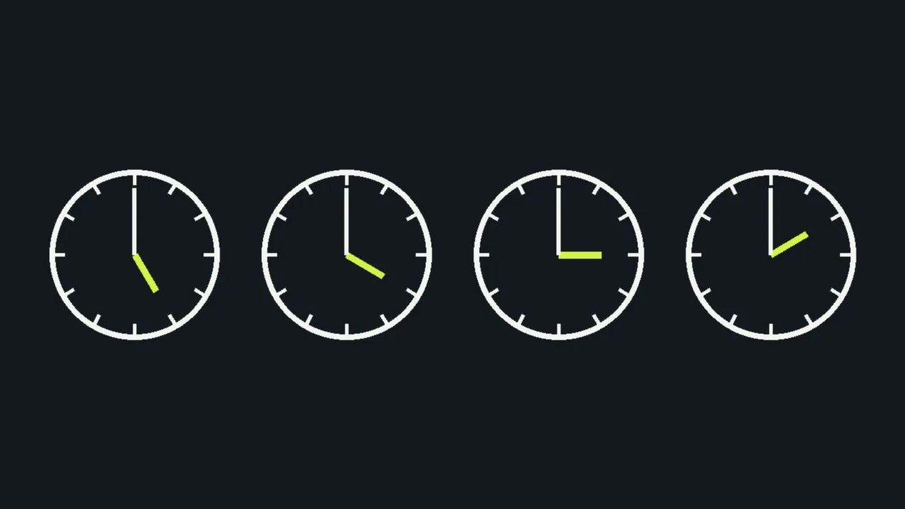 Abstract illustration of four white clock faces in a row with lime hands