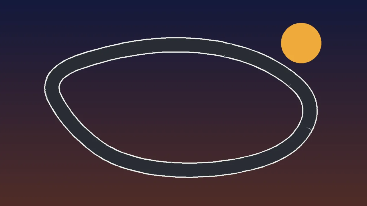 Abstract illustration of a night sky over a gray track outline with lime lights