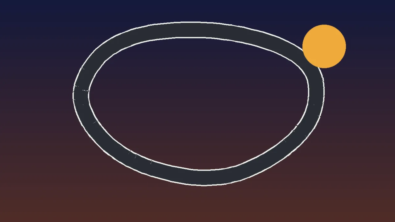 Abstract illustration of a looping track outline against a dusk sky with a low amber sun