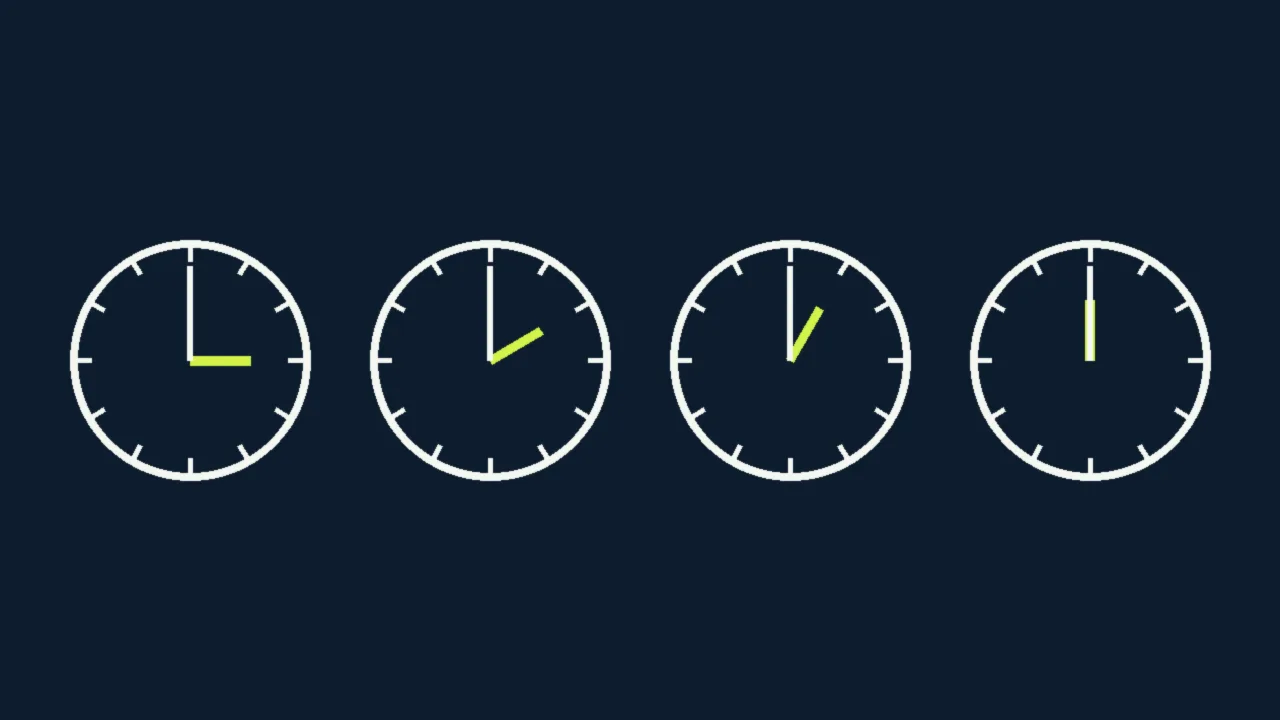 Abstract illustration of four clock faces in a row, one for each US time zone